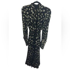 CIEBON black long sleeve high neck gold star dress with neck bow waist tie S